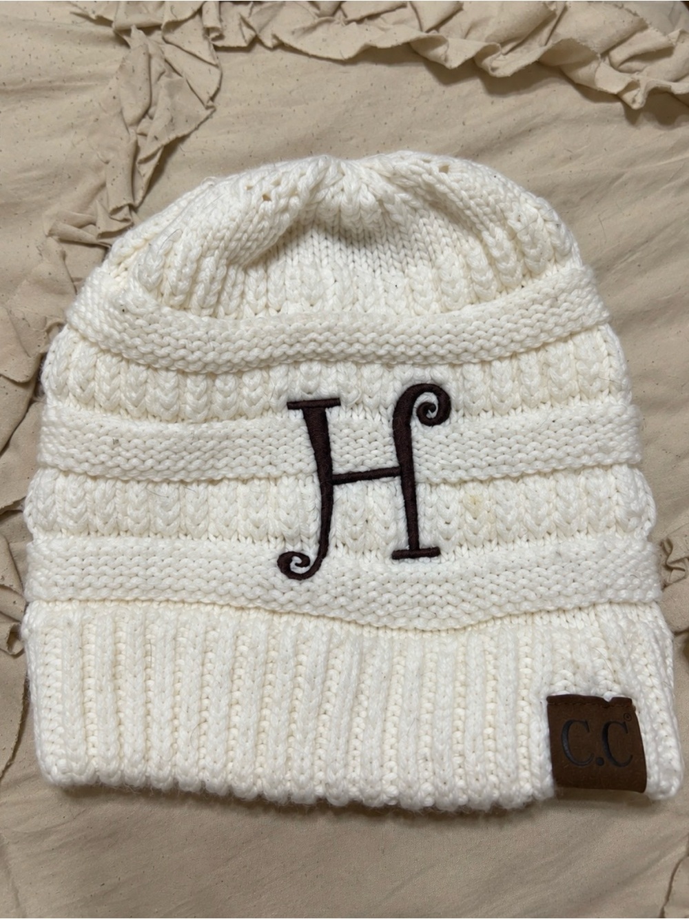 CC Cream Knit Beanie with Monogram H